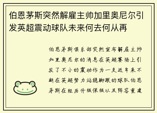 伯恩茅斯突然解雇主帅加里奥尼尔引发英超震动球队未来何去何从再 伯恩茅斯突然解雇主帅加里奥尼尔引发英超震动球队未来何去何从再
